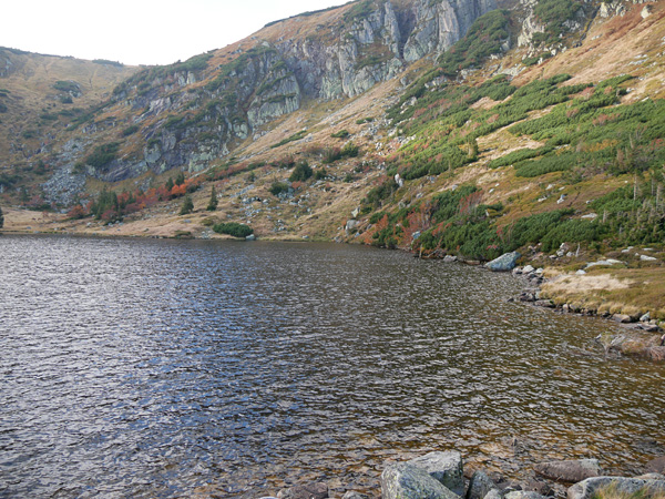 The surface of the pond is wrinkled by the wind. Around the pond are rocky and grassy slopes, partly covered with dwarf pine