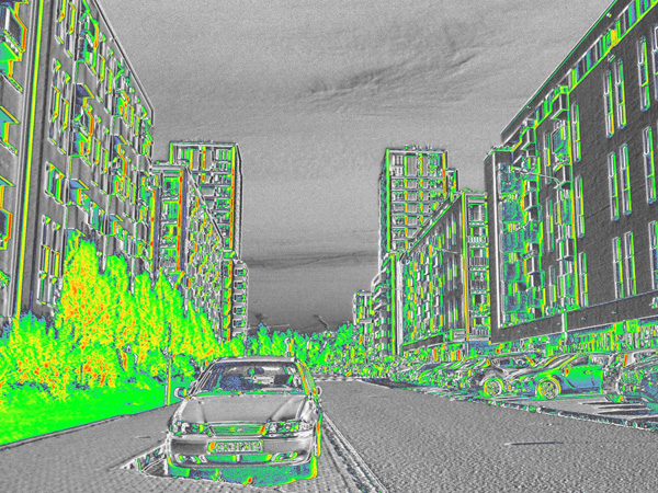Spectral image of a housing estate; the street, buildings, and cars are gray, while vegetation appears green