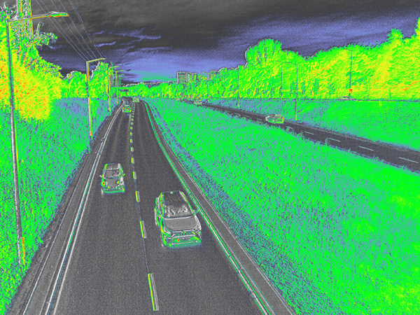 Spectral image of a wide city street; the roadway appears red, while green belts are yellow-green