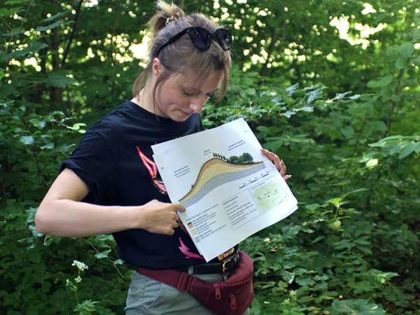 A woman against a backdrop of tall vegetation holds a geological cross-section of a hill and points to it